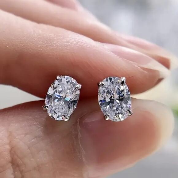 Sterling Silver Oval Cubic Zircon Stud Earrings, Wedding, Bridal, Anniversary - Picture 4 of 5